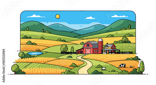 Quaint Farmhouse Vista: A Stylized Depiction of Pastoral Life in a Bounded Rural Landscape, Featuring Agricultural Fields and Rolling Hills against