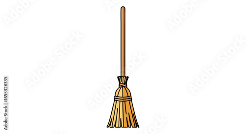 A Broom Illustration for Cleaning and Halloween Themes, a classic cleaning tool with a wooden handle and straw bristles ready to sweep away the dirt