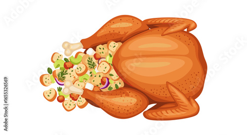 Festive roasted turkey illustration filled with bread stuffing and colorful herbs, perfect for holiday celebrations or cookbook images showcasing