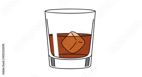 Conceptual illustration showcasing a glass of amber liquor with a single ice cube offering a refreshing and inviting beverage experience