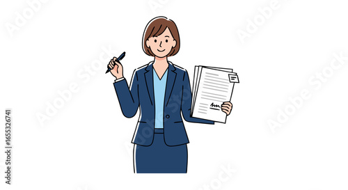 Businesswoman holding pen and signed documents illustration for corporate agreement and contract representation, symbolizing professionalism and