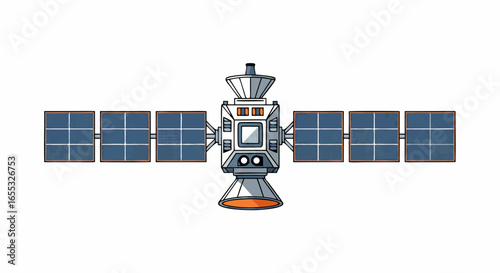 Cartoon-Style Satellite Illustration Orbiting Earth, Showcasing Technological Advancement with Solar Panels and Antenna for Space Exploration and