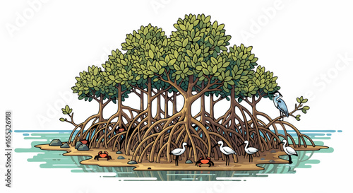 Illustrated mangrove ecosystem with birds crabs rocks and water offering an exotic coastal habitat scene with rich biodiversity