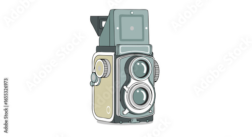 Stylized Illustration of a Classic Twin-Lens Reflex Camera with Nostalgic Aesthetics capturing moments in time with a vintage feel camera design