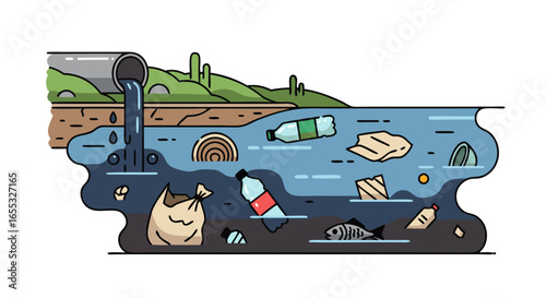 Illustrative Depiction of Water Pollution with Plastic Waste and Sewage Discharge, Ecological Damage Cartoon Style, Stream Environmental Concerns