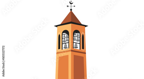 Stylized Illustration of a Bell Tower with Weather Vane on Isolated White Backdrop