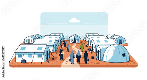 Tent City Illustration Showcasing Humanitarian Aid and Disaster Relief Efforts with Displaced People, Community Resilience and Supportive Structures