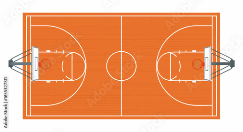 Overhead view of an indoor basketball court displaying the layout of the court's lines and dimensions, highlighting the vibrant hardwood texture and