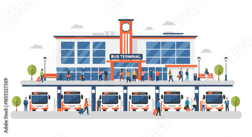 A Bustling Day at the Bus Terminal: Passengers Arriving and Departing in a Vibrant Scene