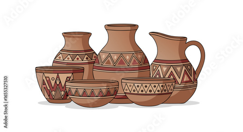 Handcrafted clay pottery illustration with geometric motifs, showcasing artisan tradition and timeless aesthetic design of diverse vases and bowls