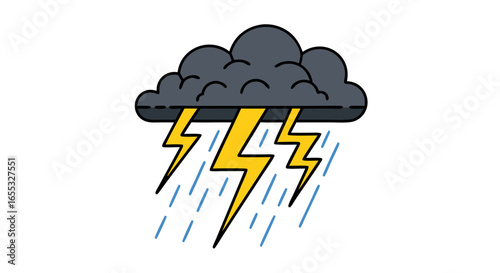 Stylized illustration of a storm cloud with lightning bolts and rain showers on white conveys a feeling of turbulent weather