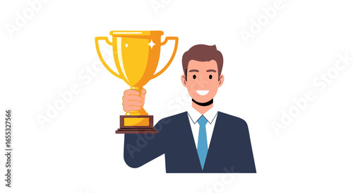 Triumphant businessman proudly displaying a golden trophy, symbolizing success and achievement in the competitive business world of today