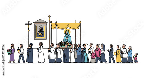 Solemn religious procession illustration featuring faithful devotees in traditional attire carrying religious icons and symbols in reverence,