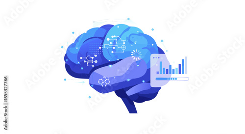 Human brain with digital connections, showcasing artificial intelligence development and data processing illustration