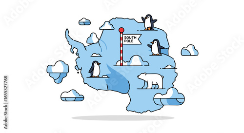 Whimsical Antarctica Illustration with Penguins, Polar Bear, South Pole Marker and Clouds in Light Blue Tones, for Arctic Exploration