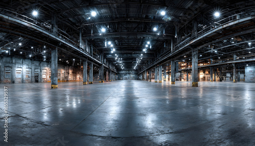 Fototapeta Naklejka Na Ścianę i Meble -  Empty industrial warehouse interior. 360 panoramic view of large, open space with concrete floor. Bright spotlights illuminate ceiling. Ideal background for product placement, event, exhibition,