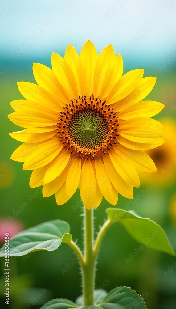 Obraz premium Generative AI: A Vibrant Sunflower Blooming in a Lush Field Against a Blurred Background
