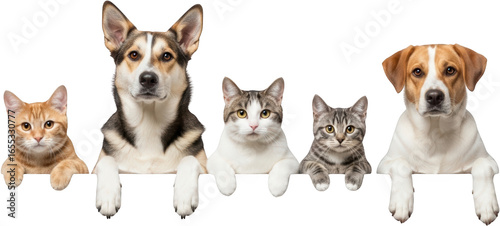 Five domestic pets including orange tabby Husky mix and Jack Russell dogs with cats peeking over a ledge isolate