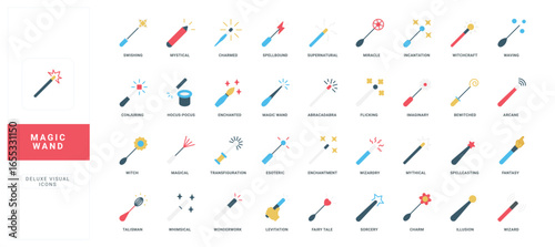 Colorful flat magic wand icons with various magical effects and titles perfect for fantasy, wizard, or magical themed design projects isolated on white background vector illustration