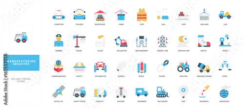 Modern flat icons for manufacturing, industry, construction, and technology projects perfect for infographics, presentations, and web design isolated on white background vector illustration