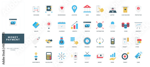 Modern flat style icons set showing money payment, banking, finance, and business concepts, perfect for web, apps, and presentations isolated on white background vector illustration