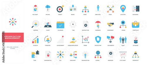 Collection of flat style organization management icons with labeled titles covering business structure, workflow, leadership, and data concepts isolated vector illustration