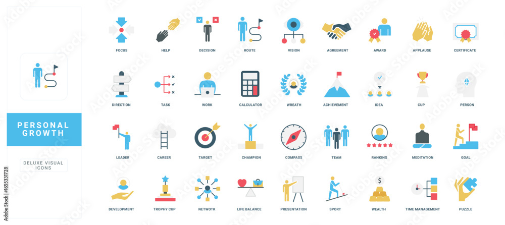 Fototapeta premium Collection of flat style icons representing personal growth, achievement, leadership, motivation, and self-improvement concepts, useful for visualizing success development isolated vector illustration