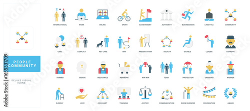 Diverse flat style people community icons with labeled roles and activities, representing teamwork, professions, relationships, and social concepts, isolated vector illustration