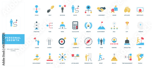 Collection of flat style icons representing personal growth, achievement, leadership, motivation, and self-improvement concepts, useful for visualizing success development isolated vector illustration