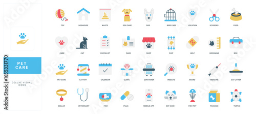 Comprehensive set of flat style pet care icons including animals, accessories, health, grooming and veterinary elements for animal service and information needs isolated vector illustration