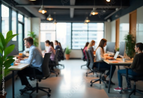 Generative AI: Blur office workspace scene with people working and computer use depiction