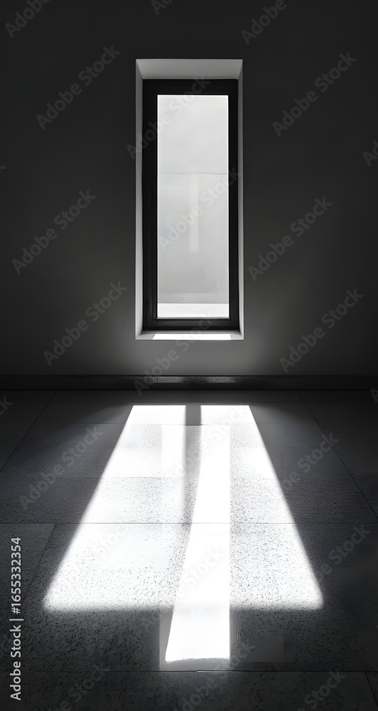 Obraz premium Square window casts blocky light shapes on floor in black-white tones.