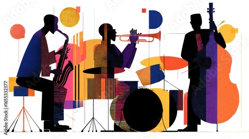 Abstract art showing a jazz trio playing instruments, silhouetted on white background