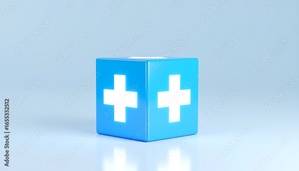 Obraz premium A vibrant light blue cube, featuring a prominent white plus symbol, is displayed against a pale blue background.