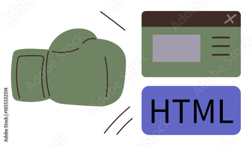 Boxing glove impacting a web browser window with HTML text. Ideal for coding challenges, development, innovation, problem-solving, web design, creativity, simple flat metaphor