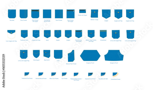 Set of Jeans Pockets technical fashion illustration. Flat apparel line template and color. Women, men unisex style item CAD mockup isolated on white background 