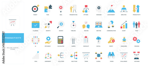 Colorful flat style productivity icons including goals, teamwork, growth, planning, achievement, and digital tools for business and workflow improvement isolated vector illustration
