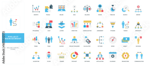 Colorful flat icons representing project management concepts like planning, teamwork, analysis, and organization, useful for workflow, business, and productivity themes isolated vector illustration