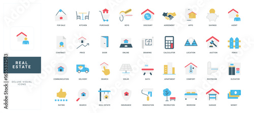 Modern flat style real estate icons set featuring property, finance, home, and service concepts with clear titles for business, investment, and housing topics isolated vector illustration