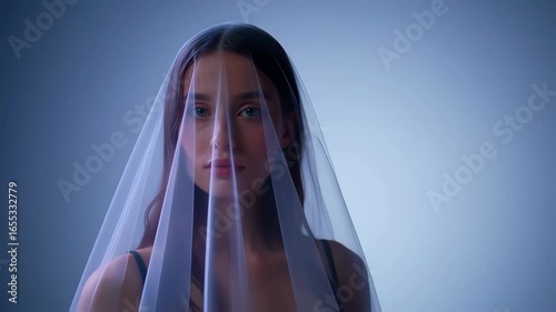 Woman veiled in sheer fabric against a muted blue backdrop
