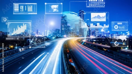 Futuristic Urban Landscape with Data Visualization Overlays and High Speed Traffic