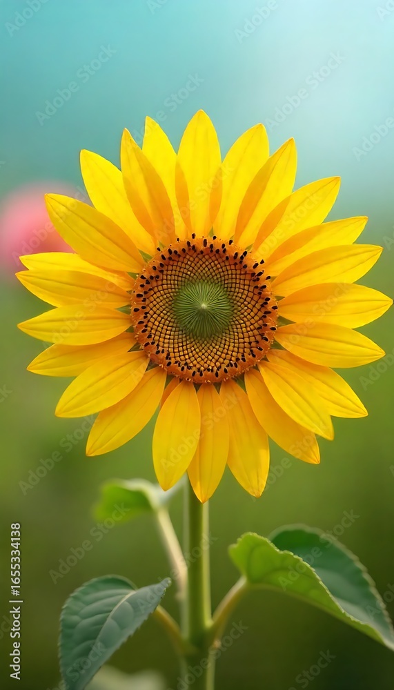 Obraz premium Generative AI depiction of a vibrant sunflower in full bloom against a blurred background
