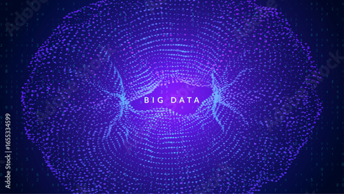 Big Data Torus Abstract Background. Technology Bg With Dynamic Dots And Numbers For AI Network. Geometric Shapes In A Modern Cyber Concept With Purple Glow. Blue Tech Big Data Torus