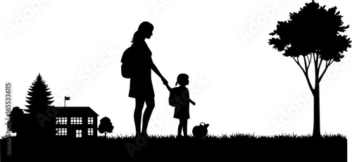 A mom Going to school with Her Child vector silhouette	