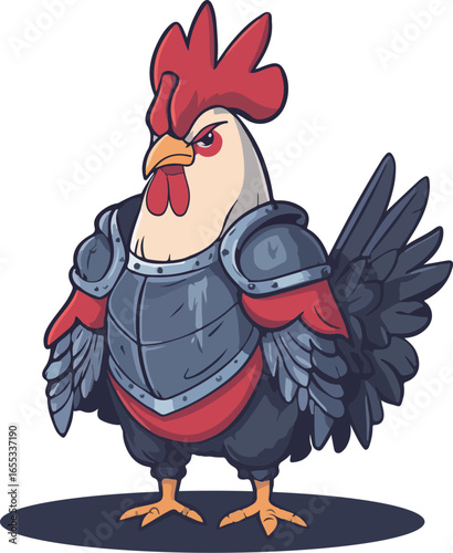 Cartoon illustration of a chicken wearing armor
