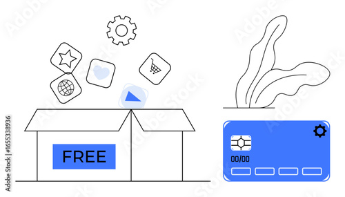 Open box labeled FREE releasing app icons and settings gear. Nearby minimalist credit card, leaves, abstract background. Ideal for tech, e-commerce, finance, subscription, apps services innovation