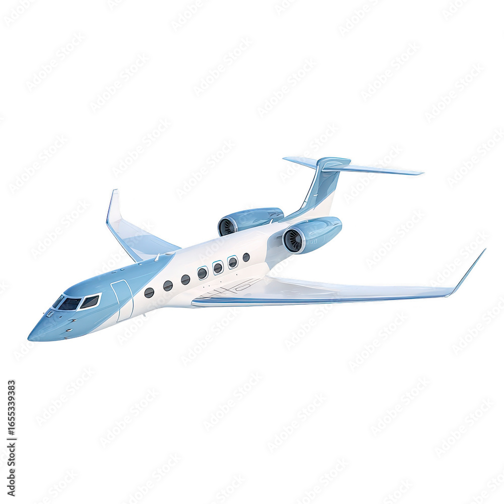 Fototapeta premium Private jet luxury airplane business aircraft white fuselage blue accents modern design isolated travel aviation transportation sleek style. Private jet with blue and white color scheme modern