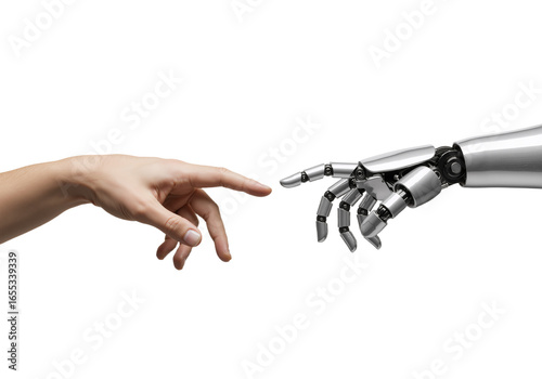 Symbolic connection between human touch and advanced artificial intelligence, reflecting the evolving future of humanity and technology's embrace.