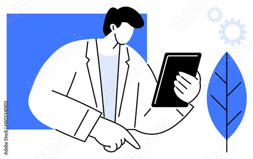 Person holding and viewing a tablet, pointing, standing next to abstract gear and leaf shapes. Ideal for technology, innovation, business, environment, productivity education teamwork. Simple flat