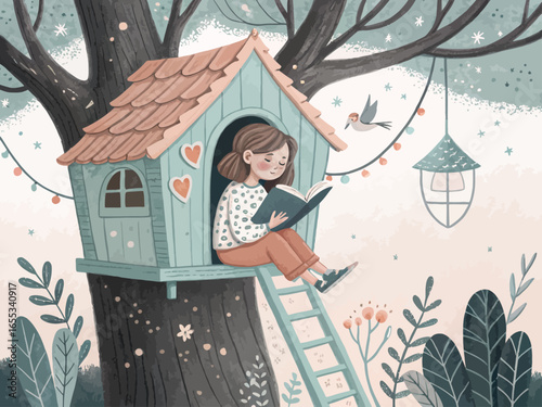 A whimsical illustration of a girl reading in a cozy treehouse surrounded by nature perfect for children s books or educational materials